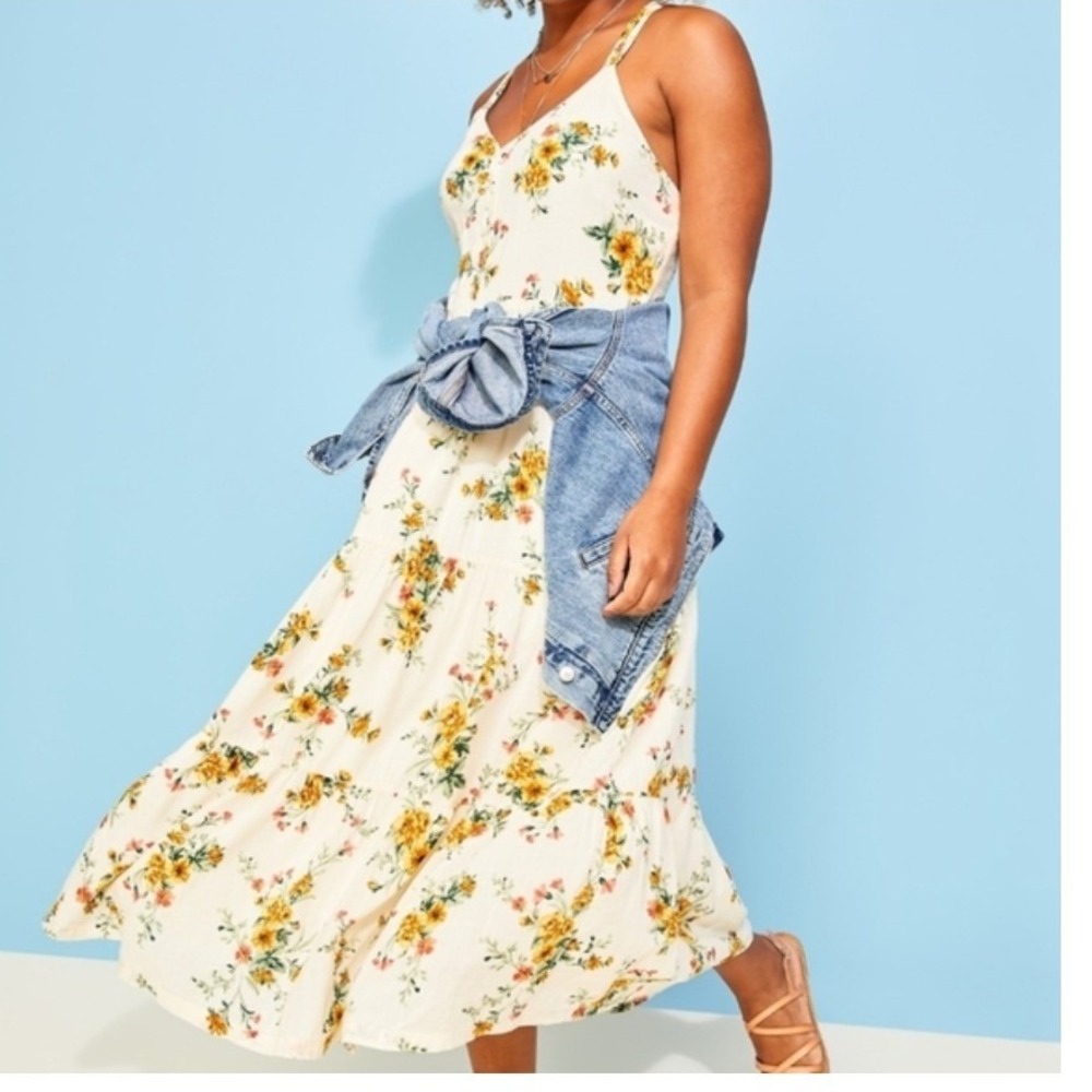 Old Navy Womens Large Floral Tiered Maxi Dress Cream Yellow Button Front Smocked